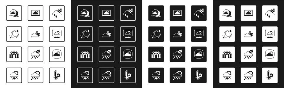 Set Rainbow with cloud and rain, Windy weather, Moon stars, Location, Weather Stock Illustration