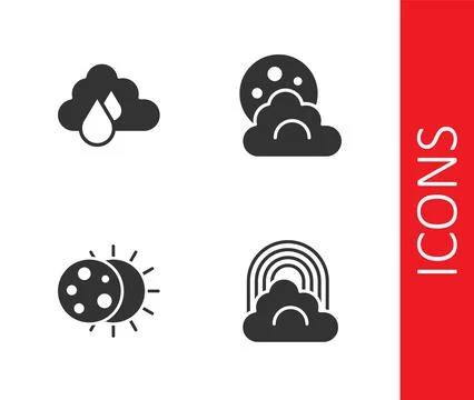 Set Rainbow with cloud, Cloud rain, Eclipse of the sun and moon icon. Vector Stock Illustration