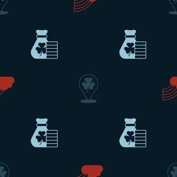 Set Rainbow with cloud, Clover trefoil leaf and Money bag clover on seamless  Illustrazione stock