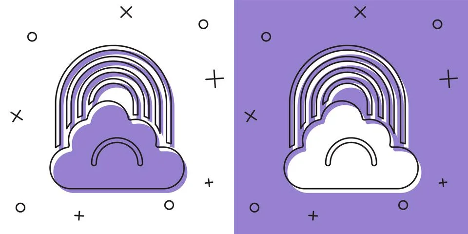 Set Rainbow with cloud icon isolated on white and purple background. Vector Illustrazione stock