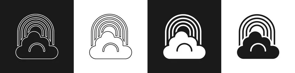 Set Rainbow with cloud icon isolated on black and white background. Vector Stock Illustration