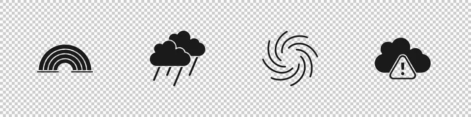 Set Rainbow, Cloud with rain, Tornado and Storm warning icon. Vector Stock Illustration