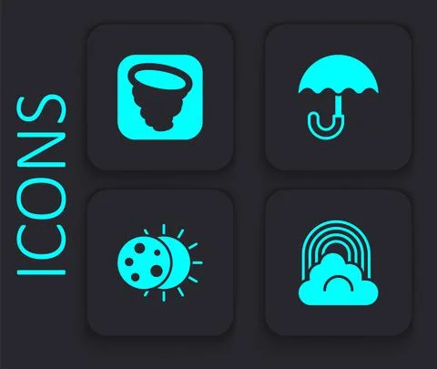 Set Rainbow with cloud, Tornado, Umbrella and Eclipse of the sun icon. Black イラスト素材