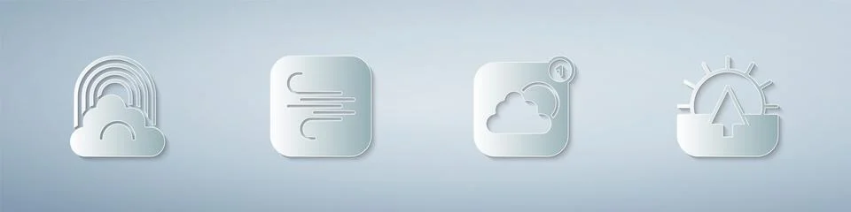Set Rainbow with cloud, Wind, Weather forecast app and Sunrise. Paper art style Illustrazione stock