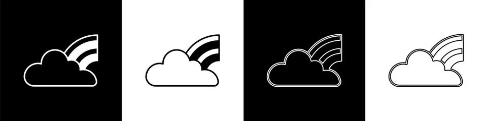 Set Rainbow with clouds icon isolated on black and white background. Vector Stock Illustration
