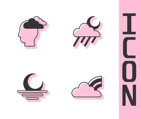 Set Rainbow with clouds, Man having headache, Sunset and Cloud rain and moon Ilustração Stock