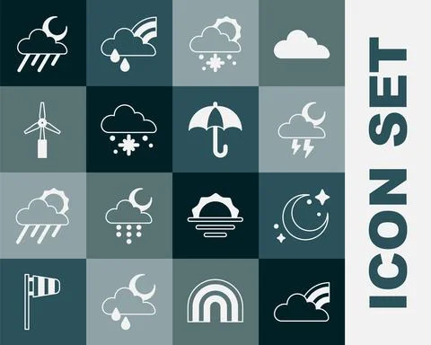 Set Rainbow with clouds, Moon and stars, Storm, Cloud snow sun, Wind turbine Stockillustratie