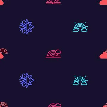 Set Rainbow with clouds, Sun and snowflake, and on seamless pattern. Vector Illustrazione stock