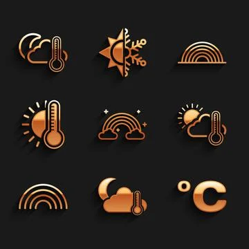 Set Rainbow with clouds, Thermometer and cloud, moon, Celsius, sun, and icon Ilustração Stock