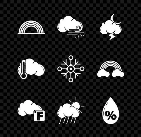 Set Rainbow with clouds, Windy weather, Storm, Fahrenheit and, Cloud rain sun Stock Illustration