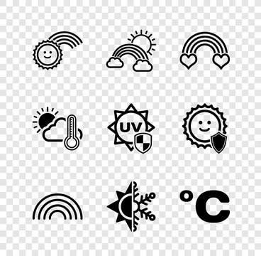 Set Rainbow with sun, clouds and, heart, Sun snowflake, Celsius, Thermomete.. Stock Illustration