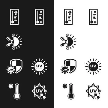 Set Rainbow with sun, Sun and snowflake, Meteorology thermometer, UV protec.. Illustrazione stock