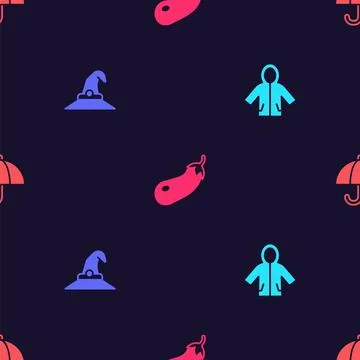 Set Raincoat, Witch hat, Eggplant and Umbrella on seamless pattern. Vector Stock Illustration