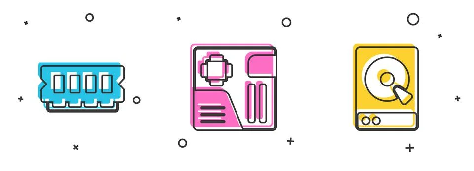 Set RAM, random access memory, Motherboard digital chip and Hard disk drive HDD イラスト素材