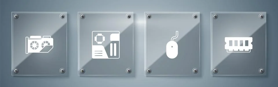 Set RAM, random access memory, Computer mouse, Motherboard digital chip and Stock Illustration