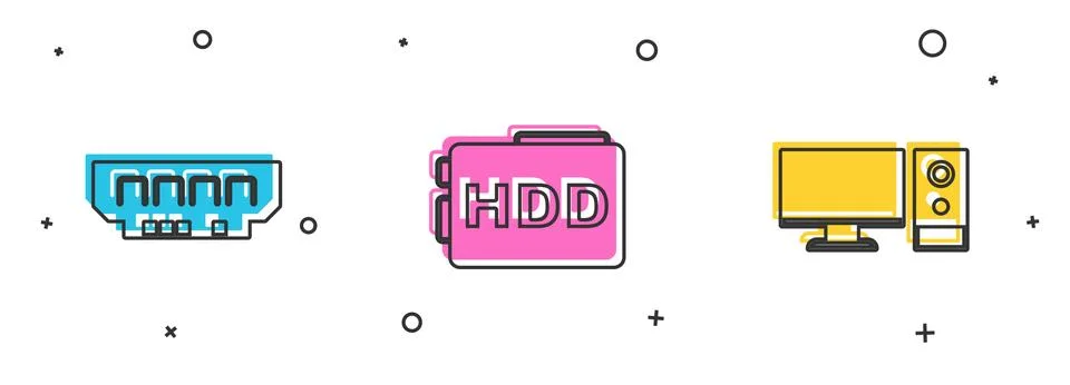 Set RAM, random access memory, Hard disk drive HDD and Computer monitor icon Illustrazione stock