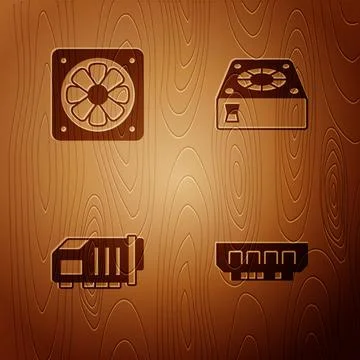 Set RAM, random access memory, Computer cooler, Video graphic card and on wooden イラスト素材