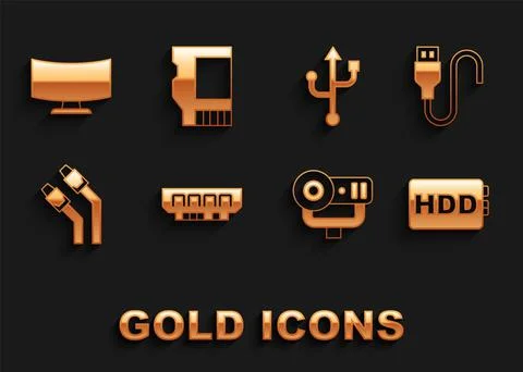 Set RAM, random access memory, USB cable cord, Hard disk drive HDD, Web camera Illustrazione stock