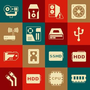 Set RAM, random access memory, Hard disk drive HDD, USB, Case of computer Illustrazione stock