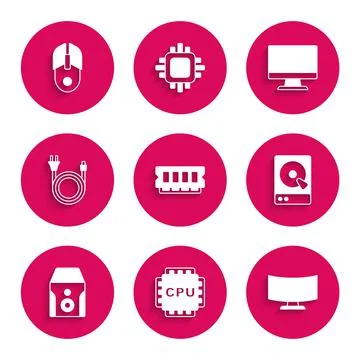 Set RAM, random access memory, Processor with CPU, Computer monitor screen, Hard Stock Illustration