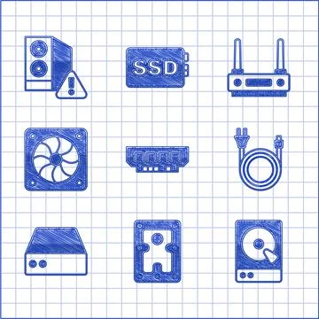 Set RAM, random access memory, Hard disk drive HDD, Electric plug, Server, Data 스톡 일러스트