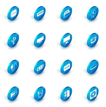 Set RAM, random access memory, Computer cooler, mouse, USB, cable cord, monitor Illustrazione stock