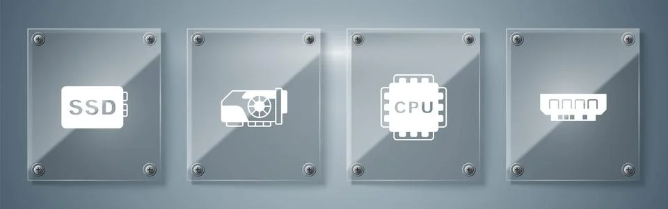 Set RAM, random access memory, Processor with CPU, Video graphic card and SSD Stock Illustration