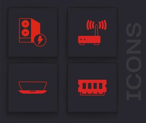 Set RAM, random access memory, Case of computer, Router wi-fi signal and Laptop Illustrazione stock