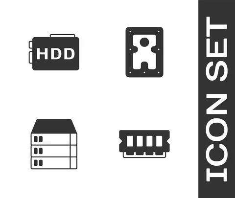 Set RAM, random access memory, Hard disk drive HDD, Server, Data, Web Hosting Stock Illustration