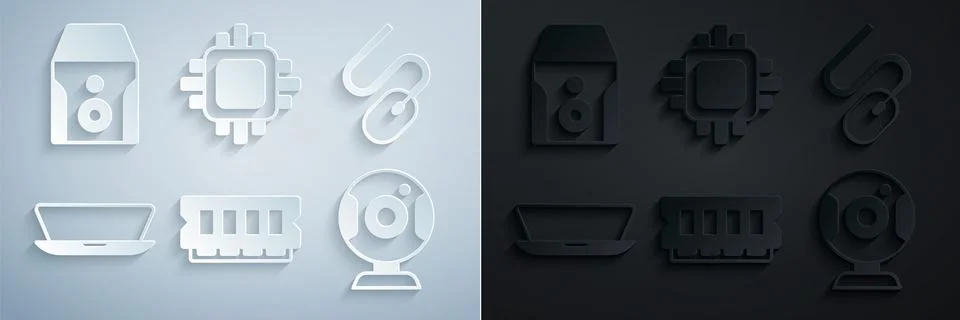 Set RAM, random access memory, Computer mouse, Laptop, Web camera, Processor Illustrazione stock