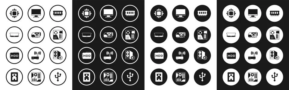 Set RAM, random access memory, Video graphic card, Laptop, Processor with CPU Stock Illustration