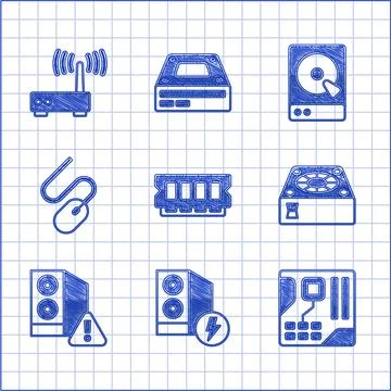 Set RAM, random access memory, Case of computer, Motherboard digital chip Stock Illustration