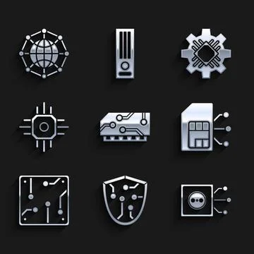 Set RAM, random access memory, Cyber security, Remote control, Sim card Stock Illustration