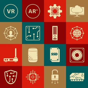 Set RAM, random access memory, Computer cooler, Global technology social network Stock Illustration