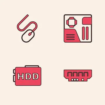 Set RAM, random access memory, Computer mouse, Motherboard digital chip and Hard Stock Illustration