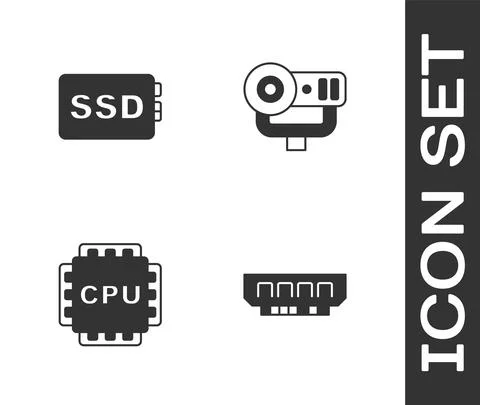 Set RAM, random access memory, SSD card, Processor with CPU and Web camera icon Stock Illustration