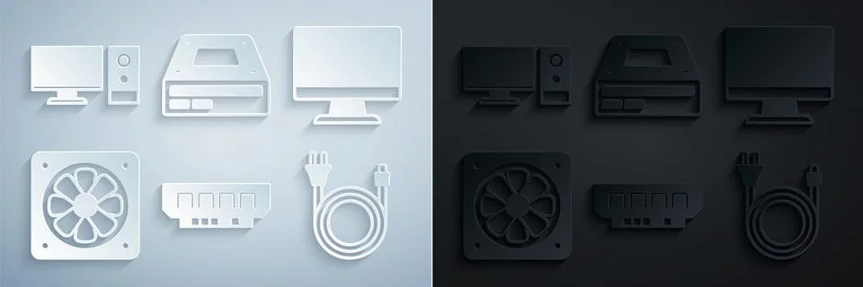 Set RAM, random access memory, Computer monitor screen, cooler, Electric plug Stock Illustration