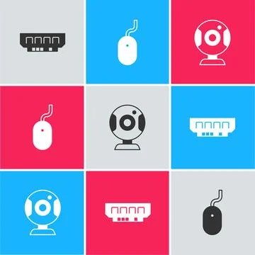 Set RAM, random access memory, Computer mouse and Web camera icon. Vector 스톡 일러스트