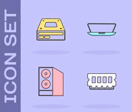 Set RAM, random access memory, Optical disc drive, Case of computer and Lap.. Illustrazione stock