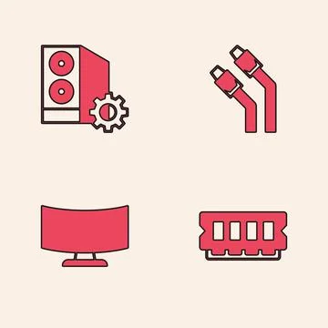 Set RAM, random access memory, Case of computer, LAN cable network internet.. Illustrazione stock