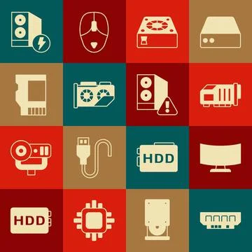 Set RAM, random access memory, Computer monitor screen, Video graphic card,.. Stock Illustration