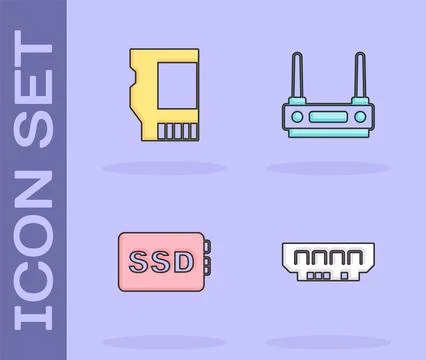 Set RAM, random access memory, SD card, SSD and Router wi-fi signal icon. V.. Illustrazione stock