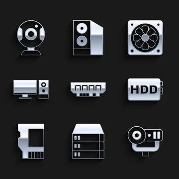 Set RAM, random access memory, Server, Data, Web Hosting, camera, Hard disk.. Stock Illustration