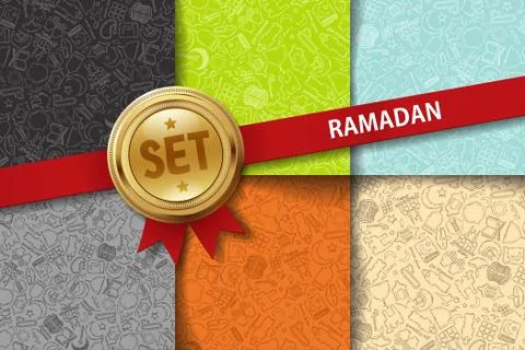 Set of ramadan backgrounds with doodle icons in different colors イラスト素材