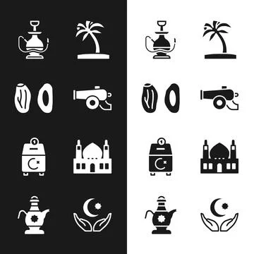 Set Ramadan cannon, Date fruit, Hookah, Tropical palm tree, Donate or pay your Stock Illustration
