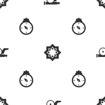 Set Ramadan cannon, Octagonal star and Qibla on seamless pattern. Vector Illustrazione stock