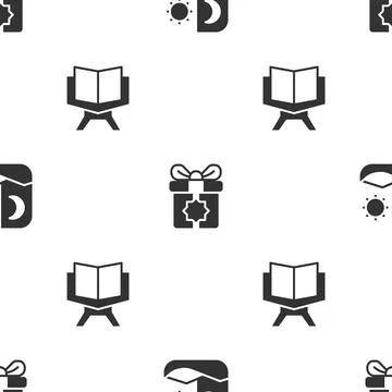 Set Ramadan fasting, Gift box and Holy book of Koran on seamless pattern. Vector Stock Illustration