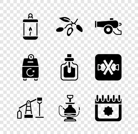 Set Ramadan Kareem lantern, Date fruit, cannon, Oil pump or pump jack, Hookah Stock Illustration