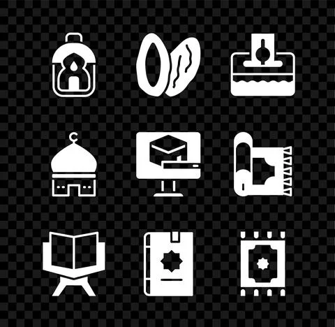 Set Ramadan Kareem lantern, Date fruit, Donate or pay your zakat, Holy book of Stock Illustration