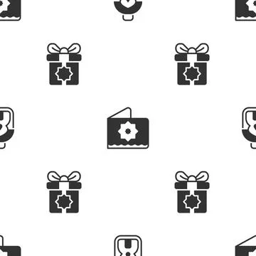 Set Ramadan Kareem lantern, Octagonal star and Gift box on seamless pattern Stock Illustration